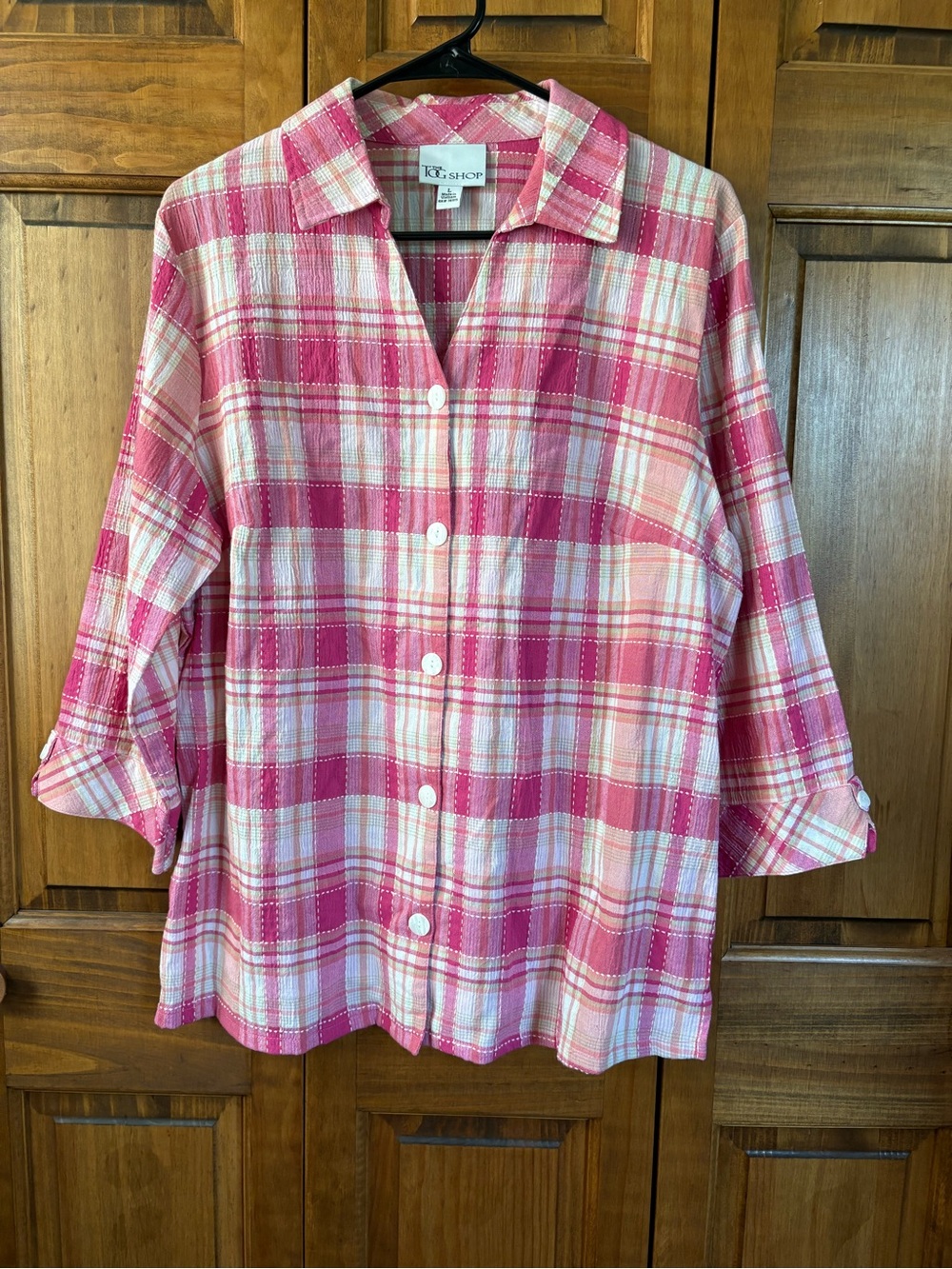 Tog Shop Pink and White Plaid Button-Down Collard Neck 3/4 Sleeves L Shirt